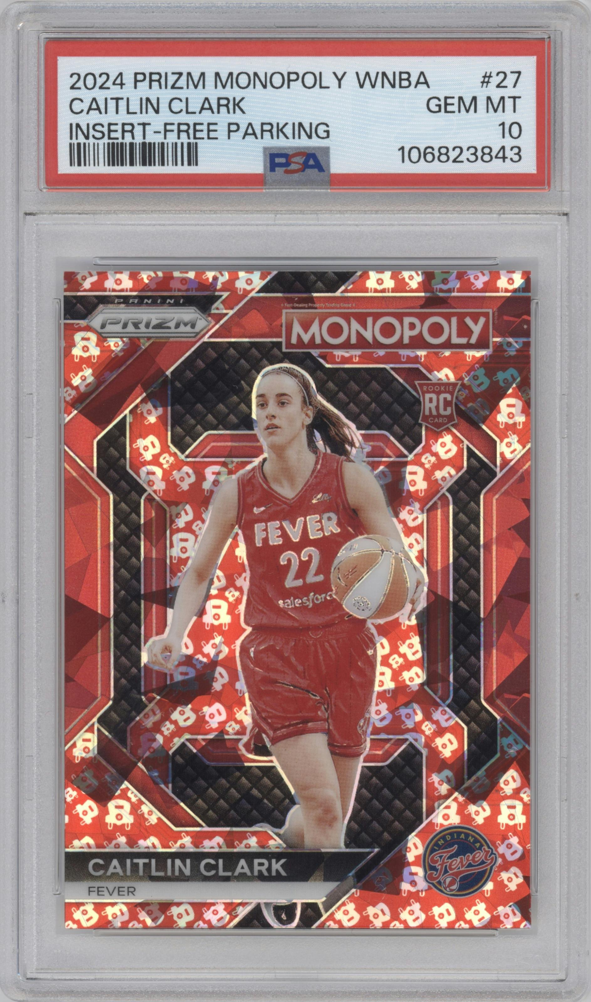 Caitlin Clark from the 2024 Panini Prizm Monopoly WNBA set featuring a Free Parking parallel graded by PSA and given an overall grade of 10.