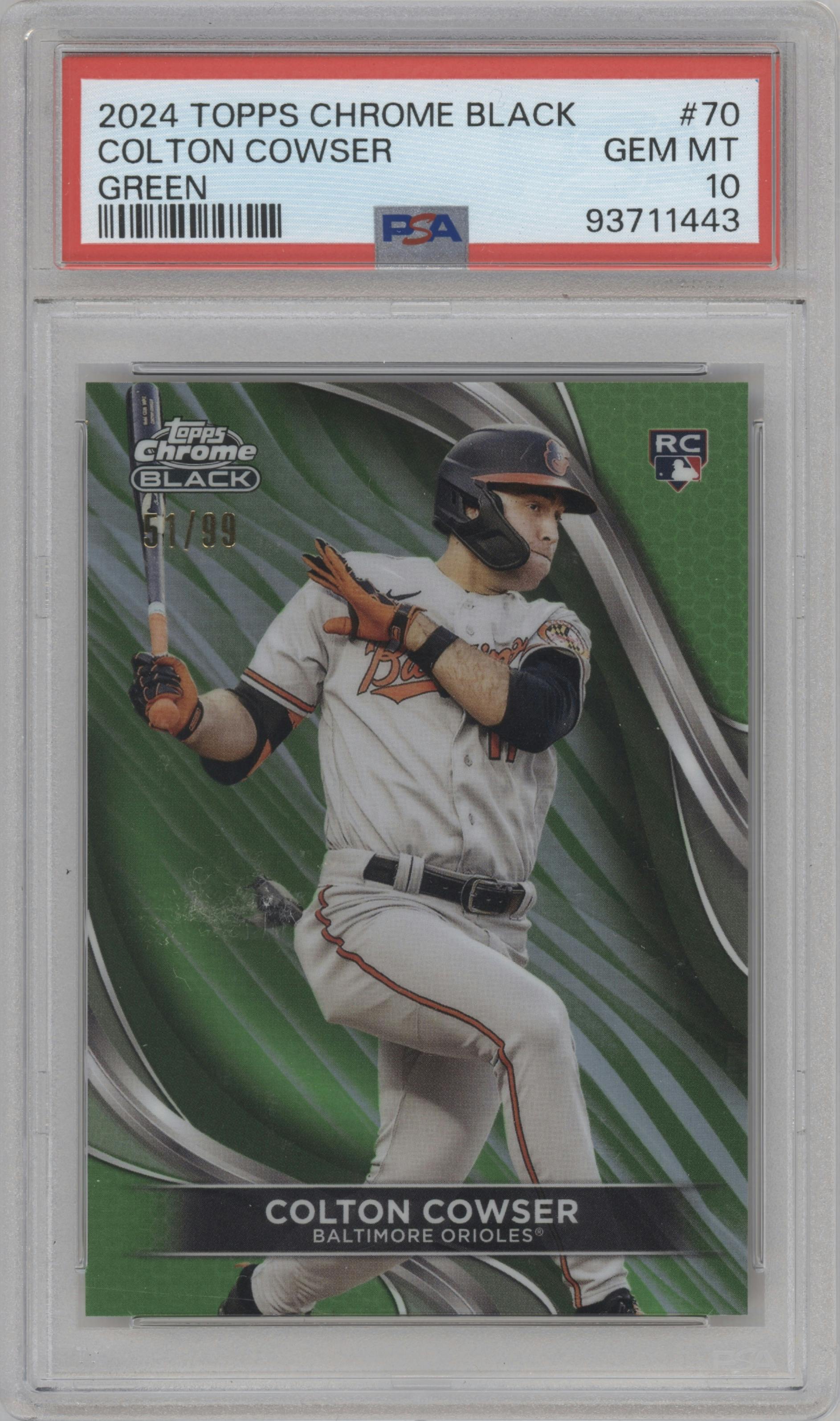 Colton Cowser from the  2024 Topps Chrome Black set featuring a Green Refractor parallel graded by PSA and given an overall grade of 10.