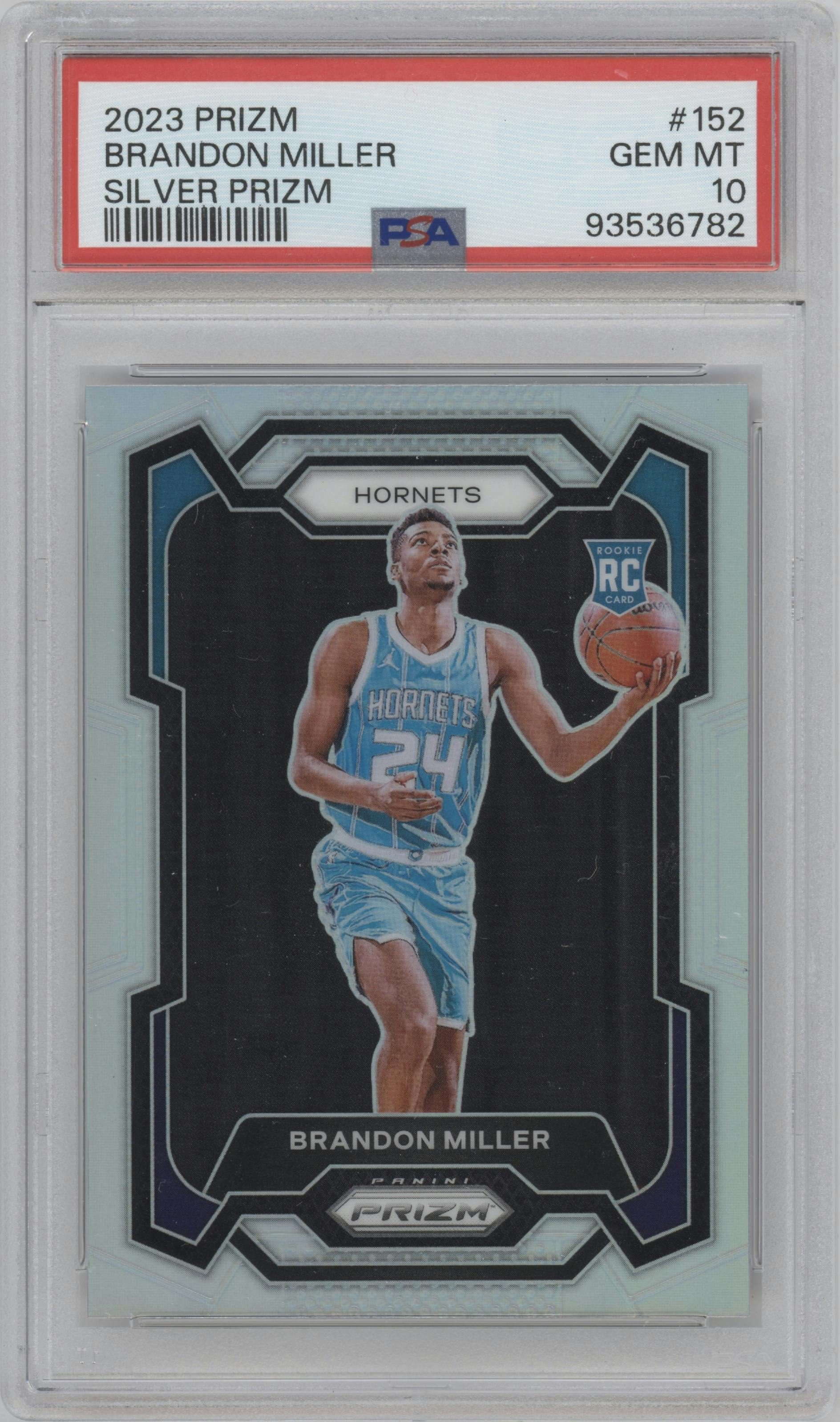Brandon Miller from the 2023-24 Panini Prizm set featuring a Silver Prizm  parallel graded by PSA and given an overall grade of 10.