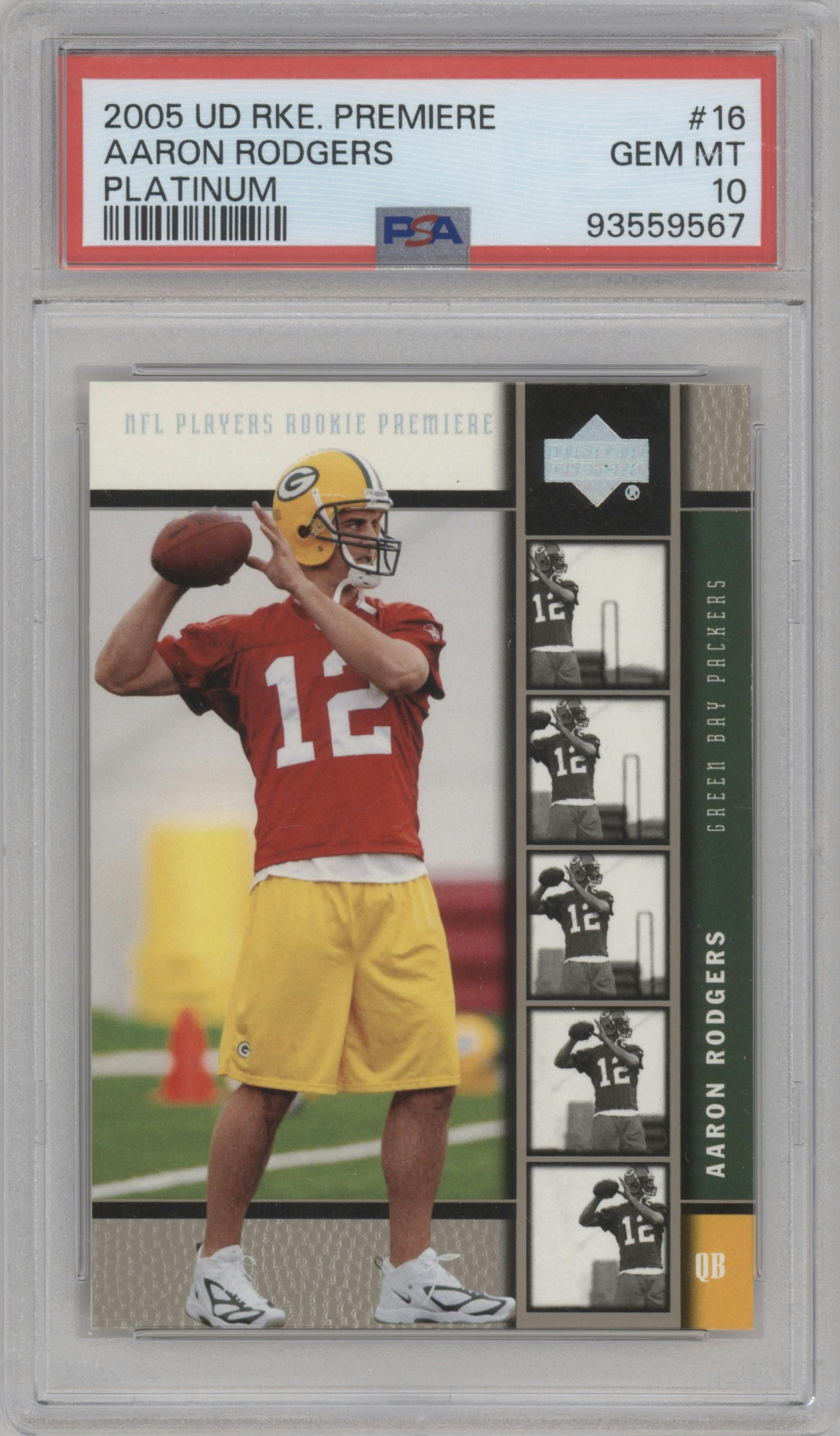 Aaron Rodgers from the 2005 Upper Deck Rookie Premiere set featuring a Platinum parallel graded by PSA and given an overall grade of 10.