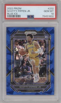 Scotty Pippen Jr. from the 2022-23 Panini Prizm  set featuring a Blue Ice parallel graded by PSA and given an overall grade of 10.