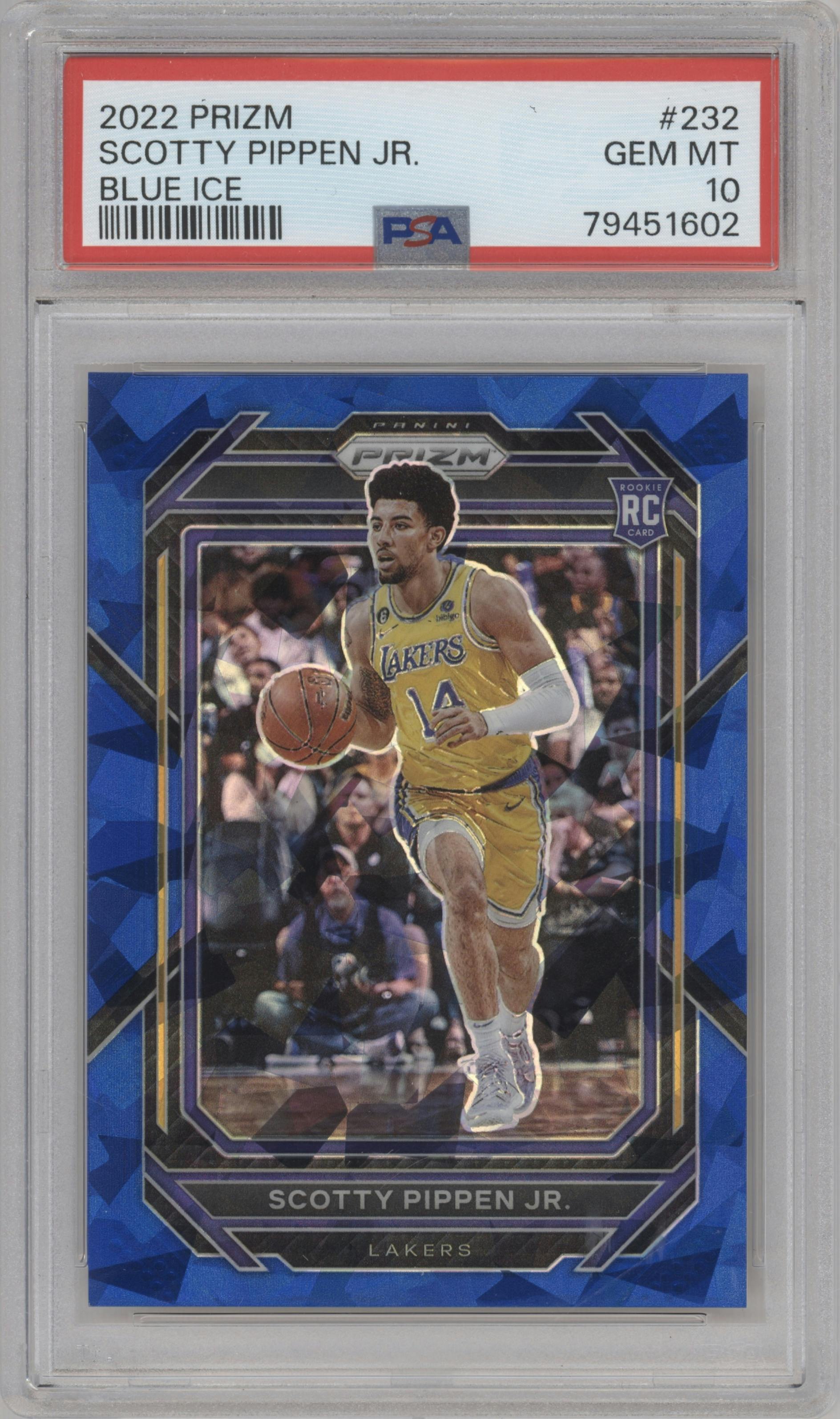 Scotty Pippen Jr. from the 2022-23 Panini Prizm  set featuring a Blue Ice parallel graded by PSA and given an overall grade of 10.