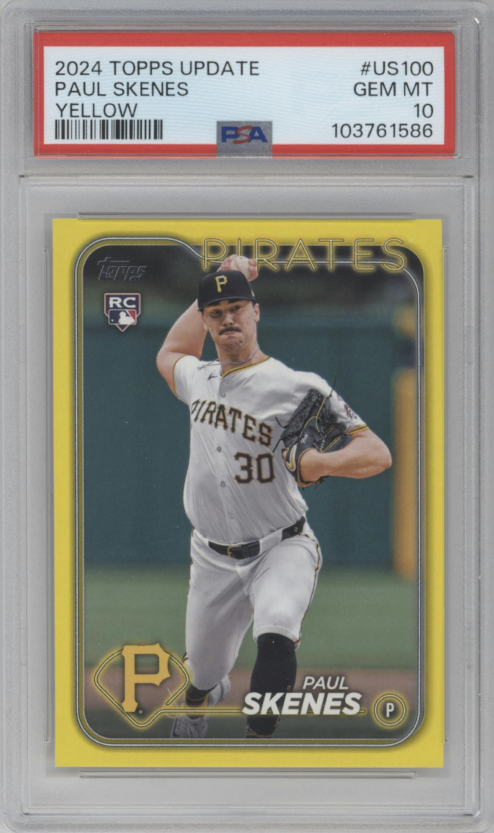 Paul Skenes from the 2024 Topps Update set featuring a Yellow  parallel graded by PSA and given an overall grade of 10.