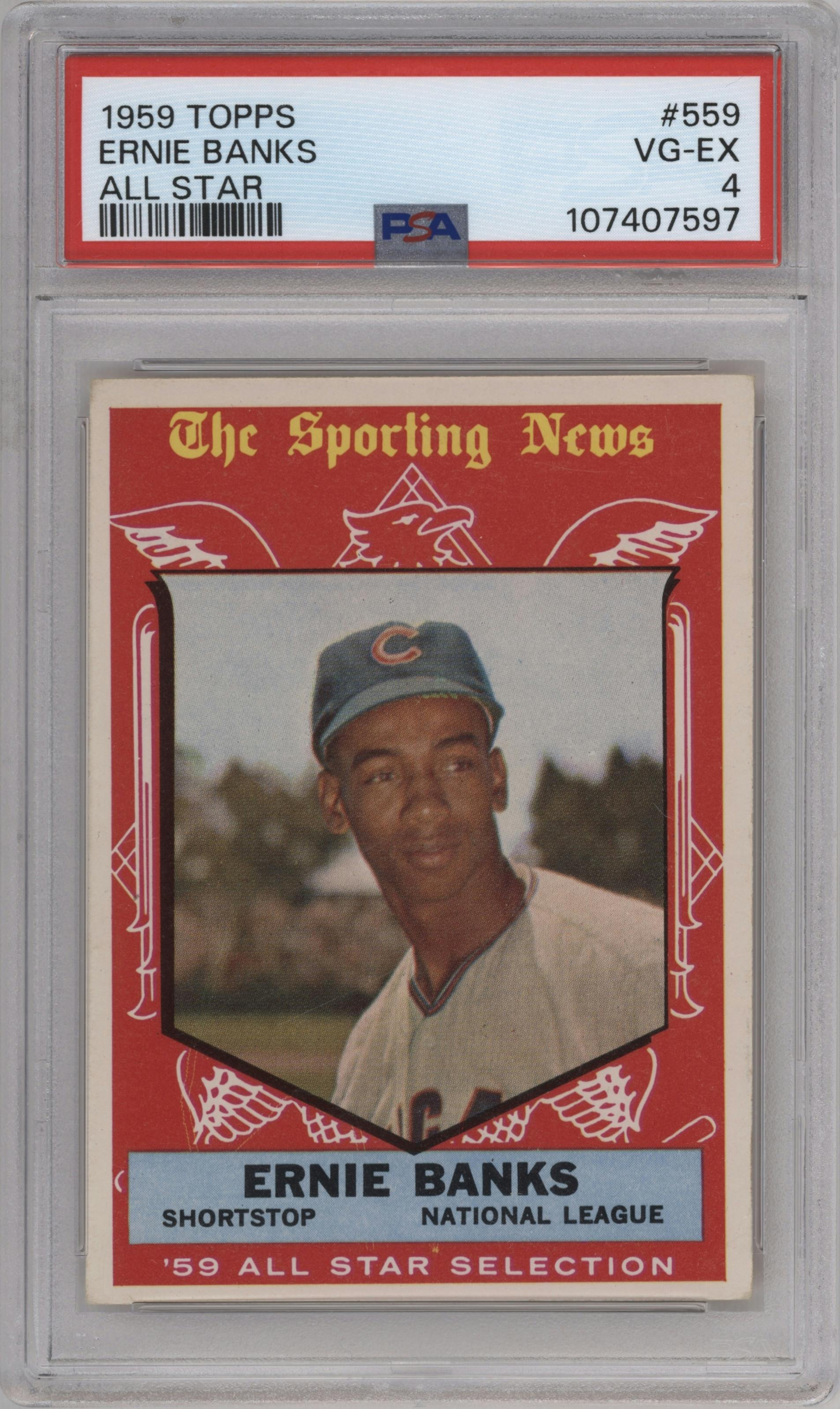 Ernie Banks from the 1959 Topps set graded by PSA and given an overall grade of 4.