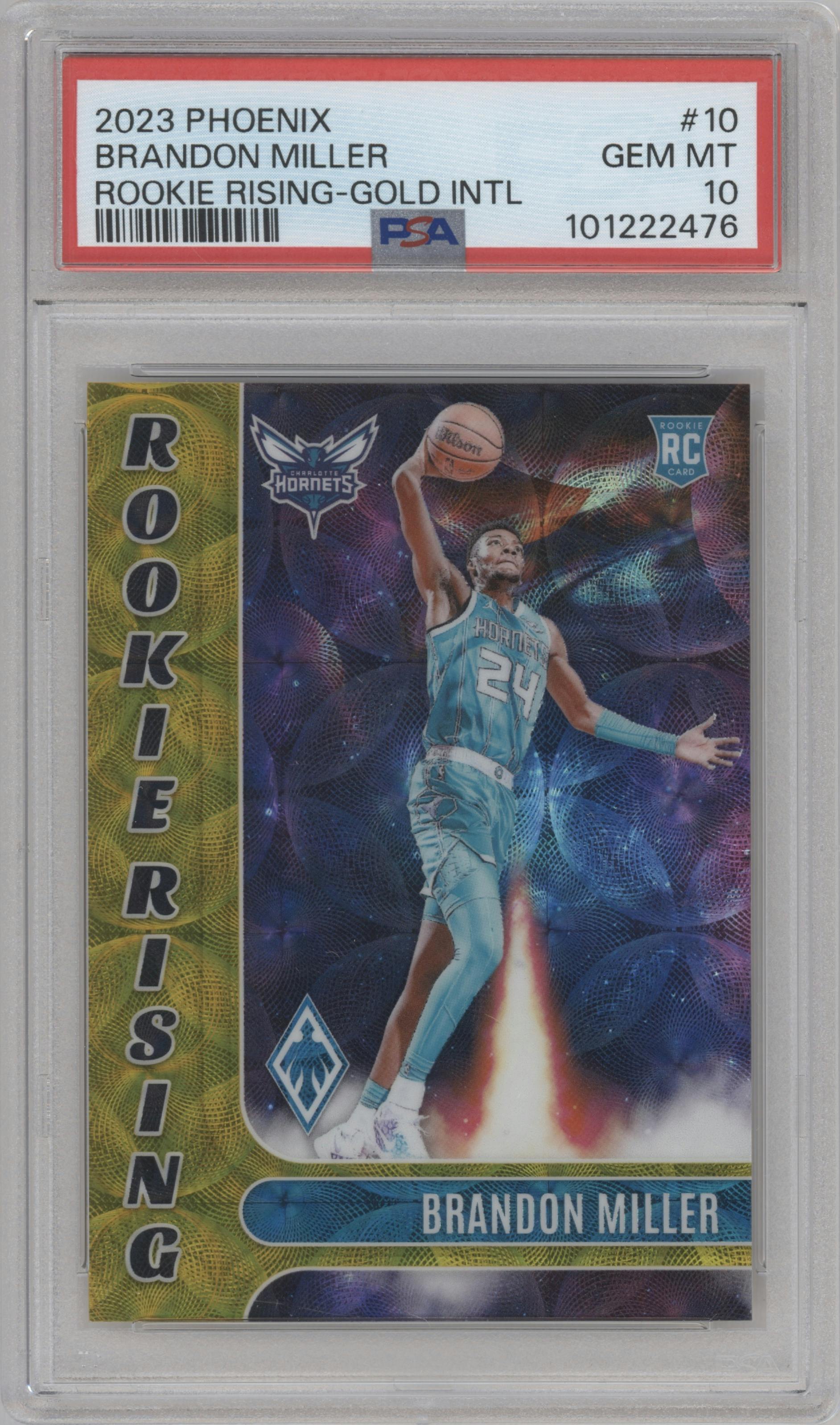 Brandon Miller from the 2023-24 Panini Phoenix set featuring a Gold International parallel graded by PSA and given an overall grade of 10.