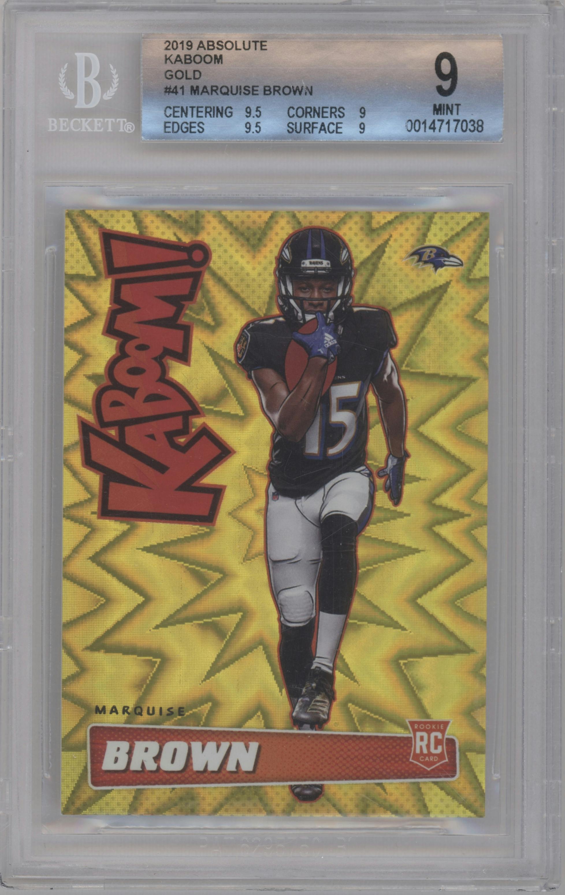 Marquise Brown from the 2019 Panini Absolute set featuring a Gold parallel graded by Beckett and given an overall grade of 9.