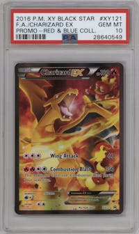 Charizard EX from the 2016 Pokemon XY set featuring a Blue Red Collection Box parallel graded by PSA and given an overall grade of 10.