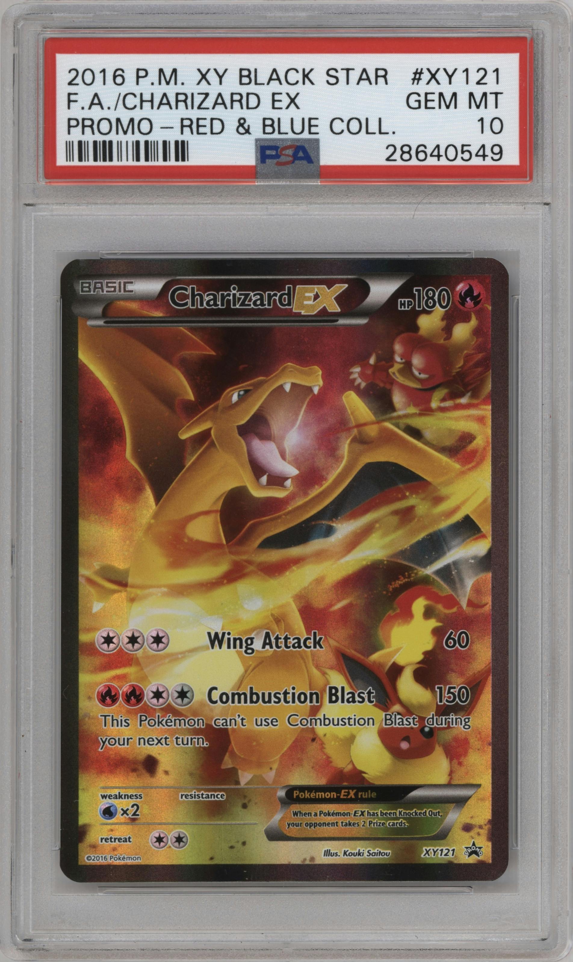 Charizard EX from the 2016 Pokemon XY set featuring a Blue Red Collection Box parallel graded by PSA and given an overall grade of 10.