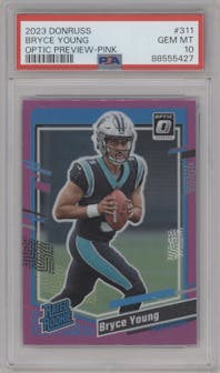Bryce Young from the 2023 Panini Donruss set featuring a Pink parallel graded by PSA and given an overall grade of 10.