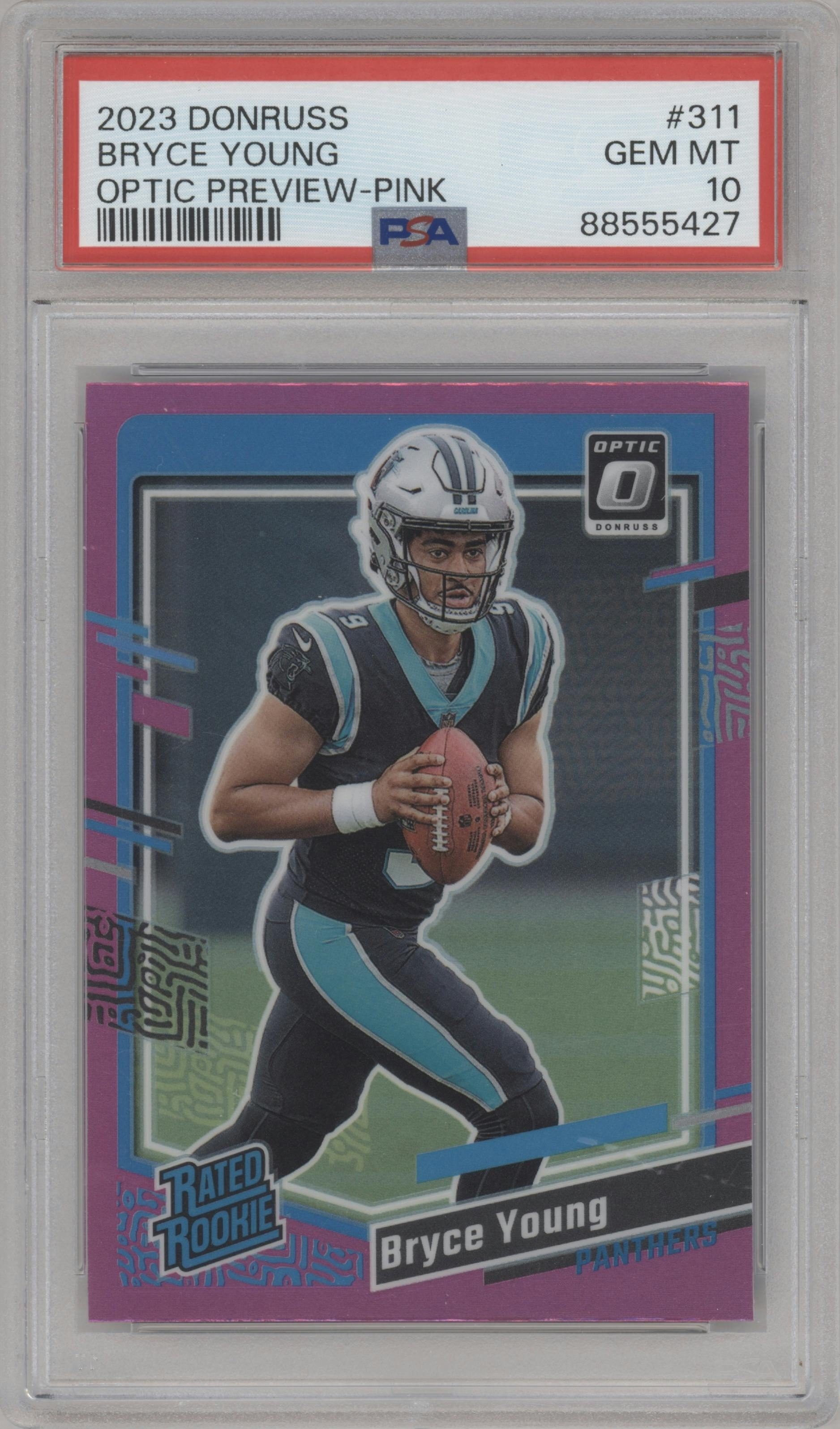 Bryce Young from the 2023 Panini Donruss set featuring a Pink parallel graded by PSA and given an overall grade of 10.