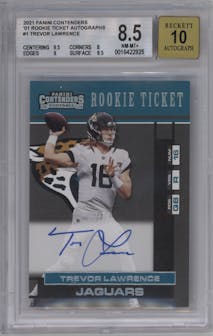 Trevor Lawrence from the 2021 Panini Contenders   set graded by Beckett and given an overall grade of 8.5.