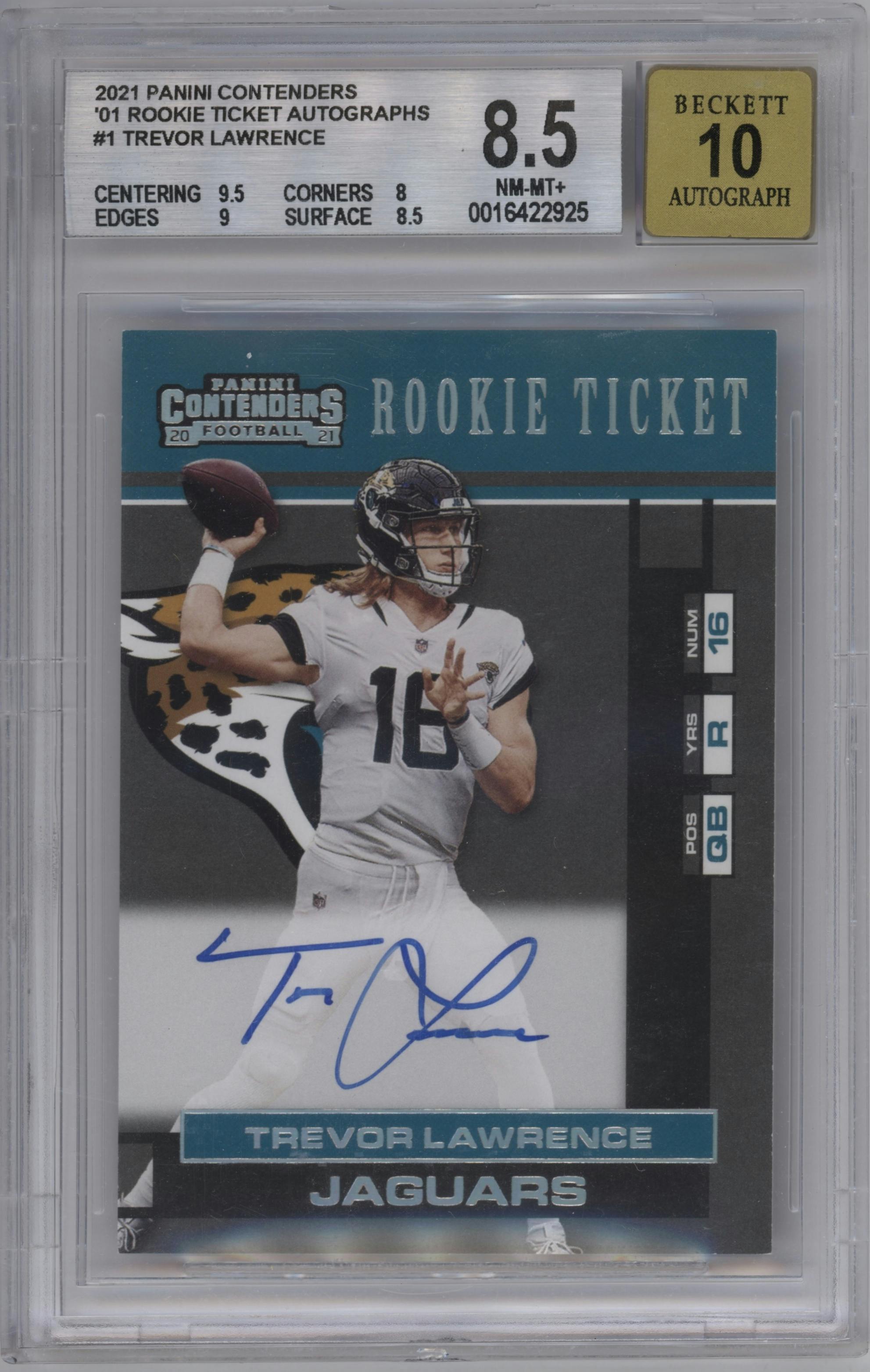 Trevor Lawrence from the 2021 Panini Contenders   set graded by Beckett and given an overall grade of 8.5.