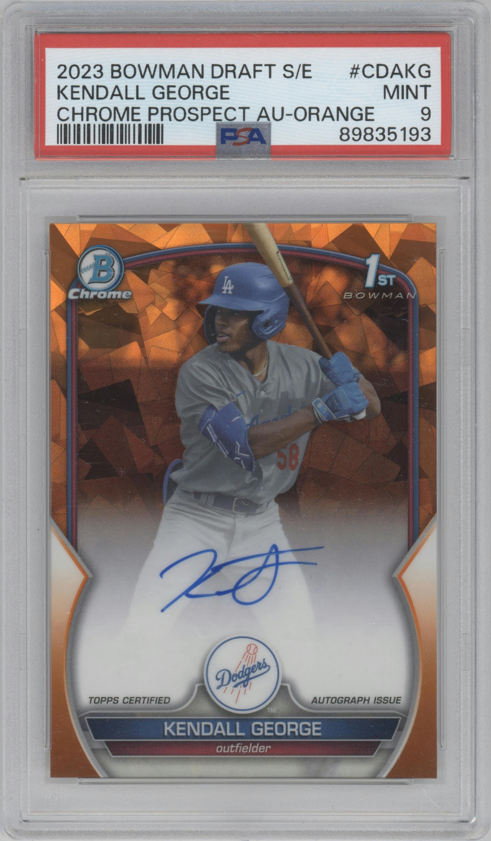 Kendall George from the 2023 Bowman Draft Sapphire set featuring a Orange Refractor parallel graded by PSA and given an overall grade of 9.