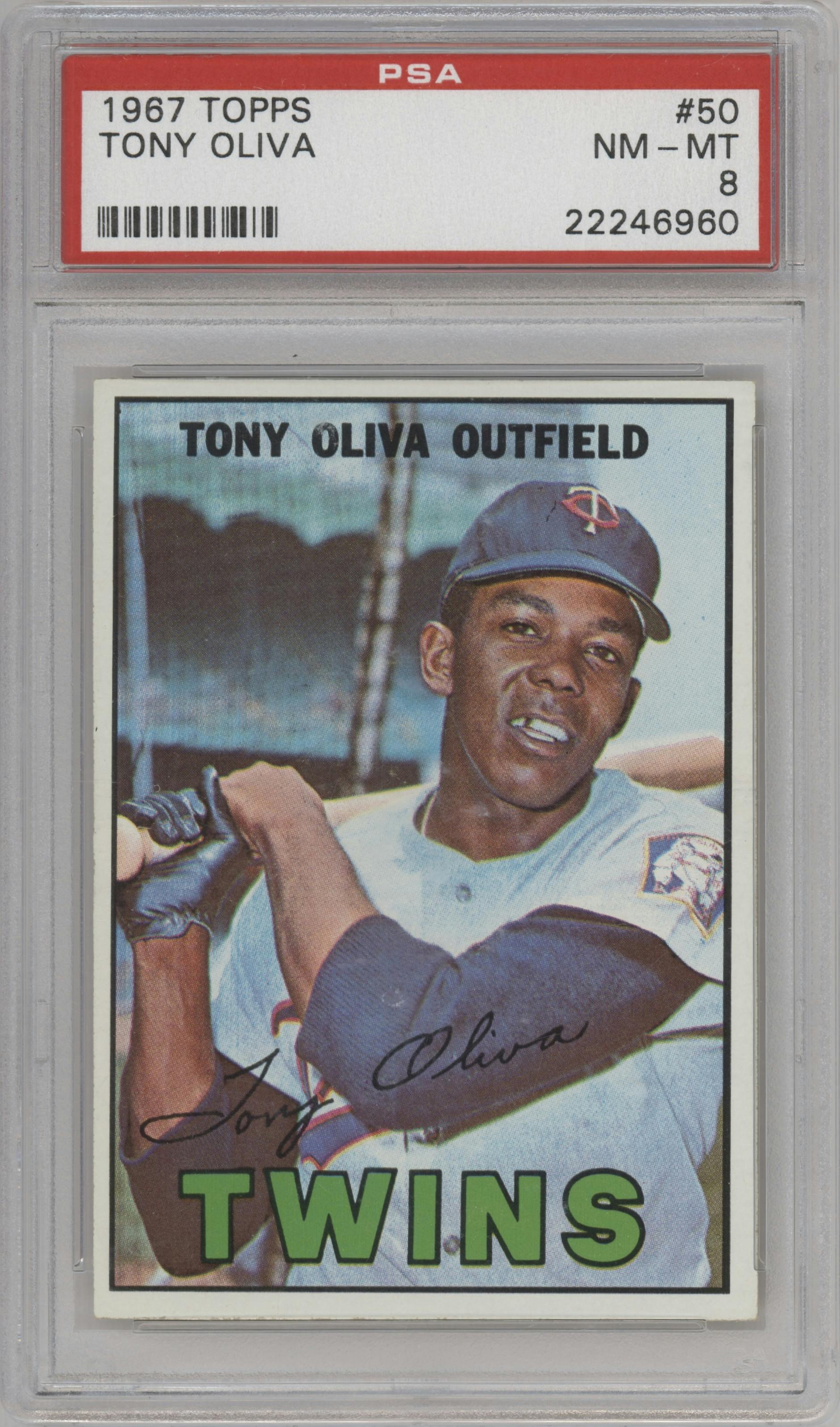 Tony Oliva from the 1967 Topps set graded by PSA and given an overall grade of 8.
