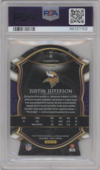 Justin Jefferson from the 2020 Panini Select set featuring a Die-Cut Light Blue parallel graded by PSA and given an overall grade of 9.