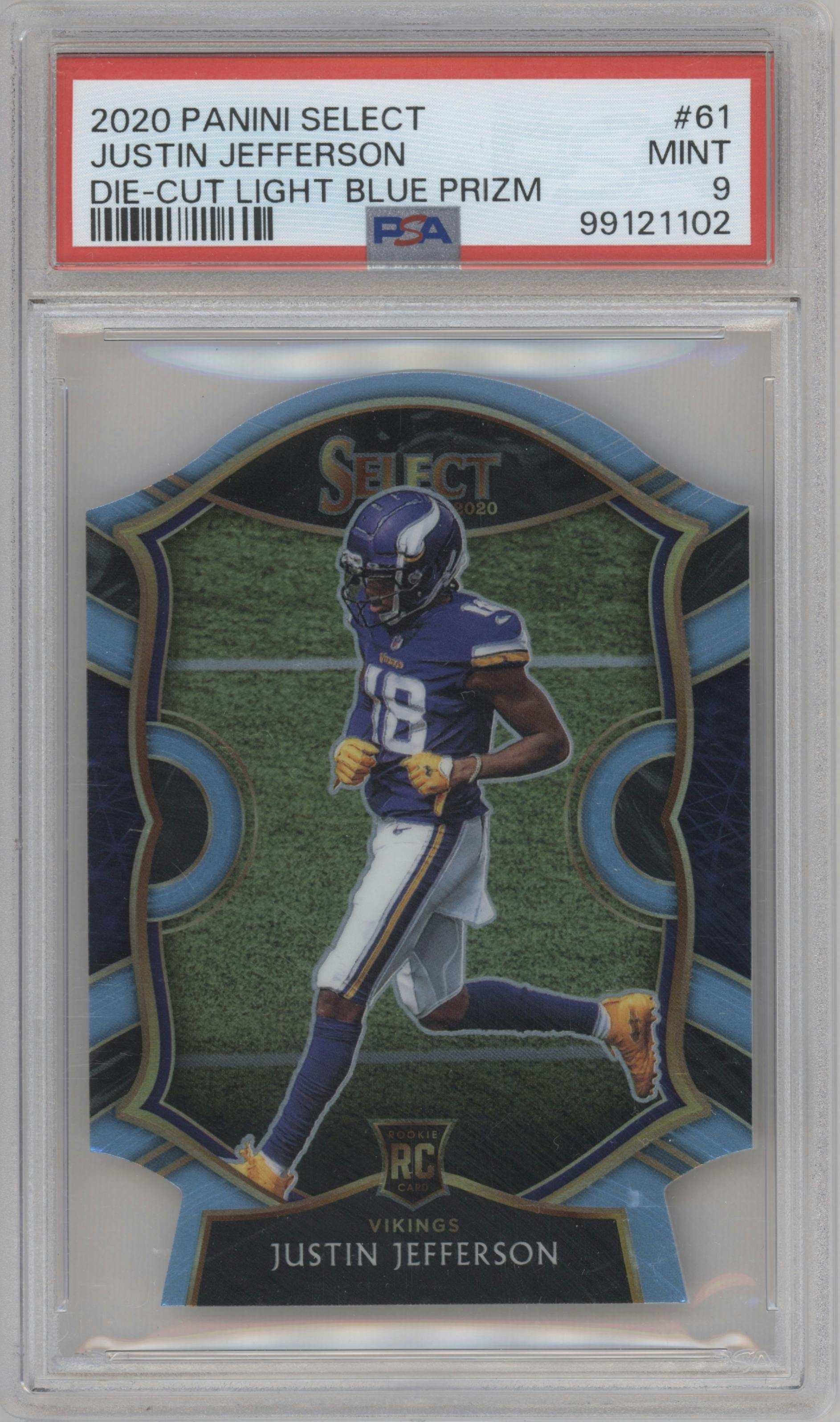 Justin Jefferson from the 2020 Panini Select set featuring a Die-Cut Light Blue parallel graded by PSA and given an overall grade of 9.