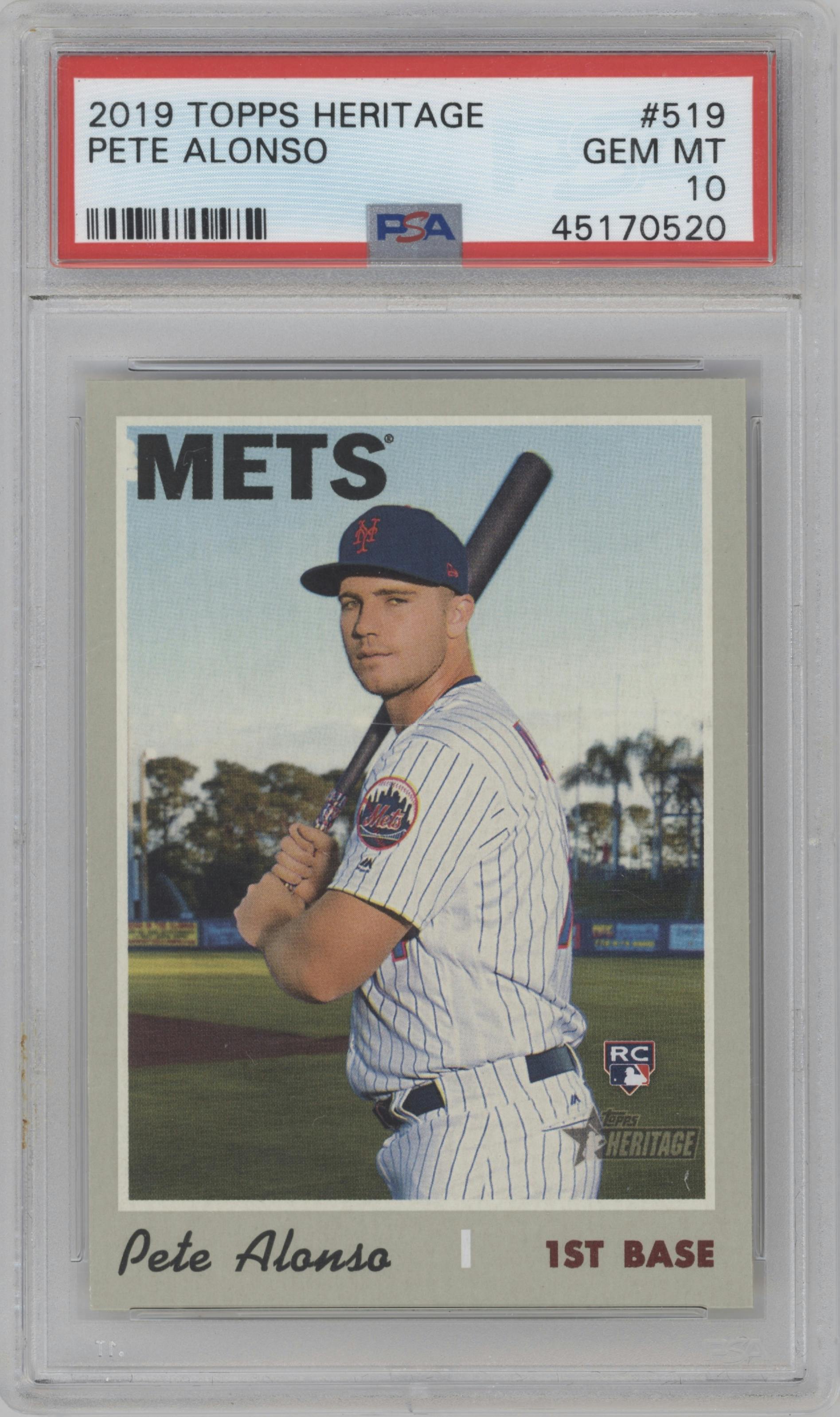 Pete Alonso from the 2019 Topps Heritage HN set graded by PSA and given an overall grade of 10.