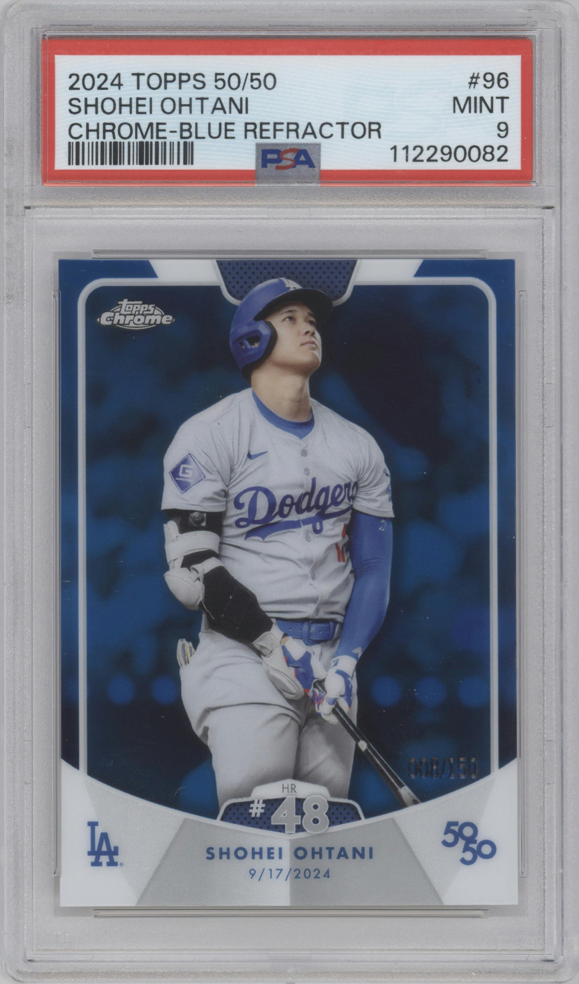 Shohei Ohtani from the 2024 Topps 50/50 set featuring a Chrome Blue parallel graded by PSA and given an overall grade of 9.