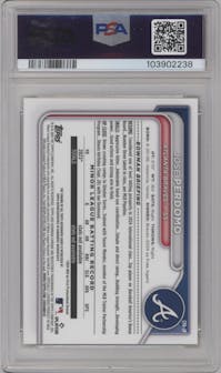 Jose Perdomo from the 2024 Bowman Chrome set featuring a Gold Mini Diamond Refractor parallel graded by PSA and given an overall grade of 10.