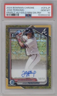 Jose Perdomo from the 2024 Bowman Chrome set featuring a Gold Mini Diamond Refractor parallel graded by PSA and given an overall grade of 10.