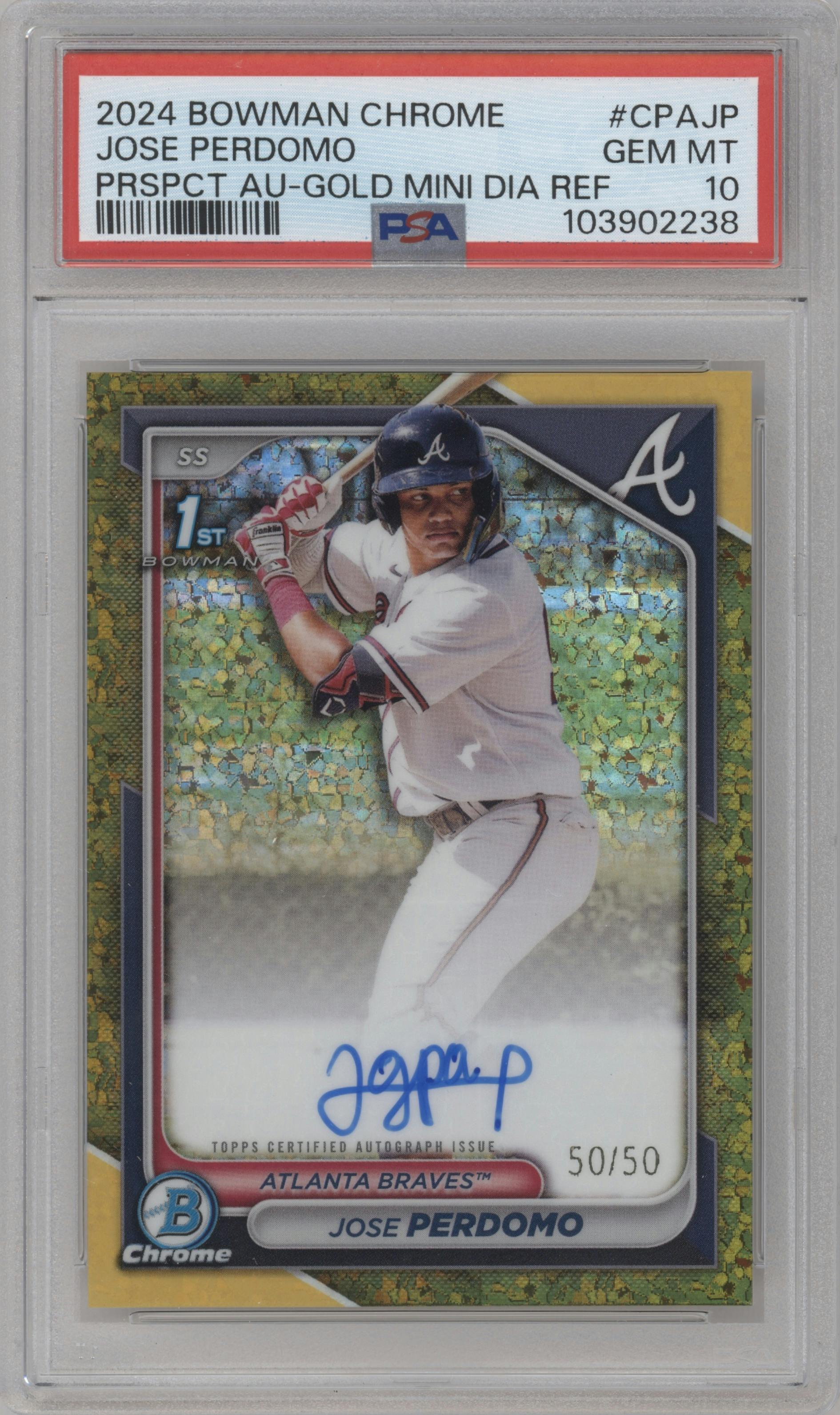 Jose Perdomo from the 2024 Bowman Chrome set featuring a Gold Mini Diamond Refractor parallel graded by PSA and given an overall grade of 10.
