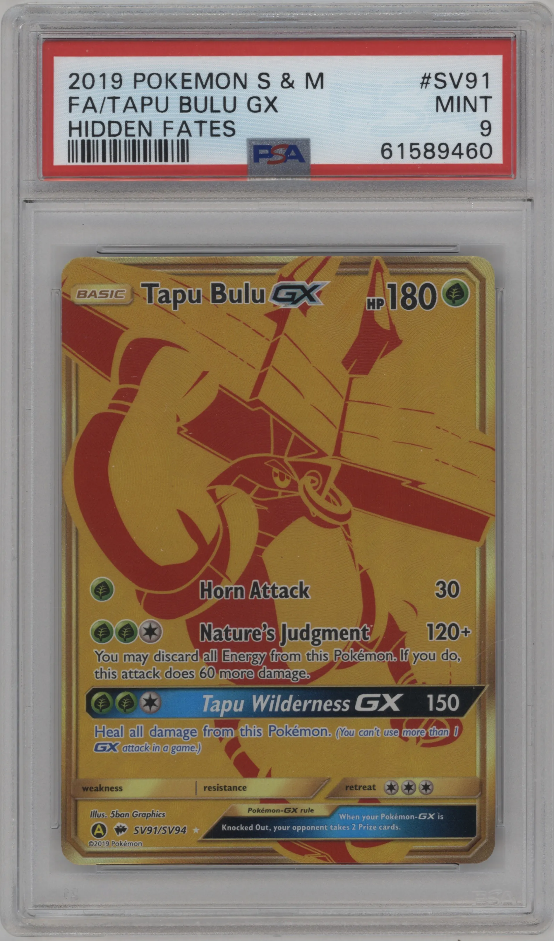 2019 Pokemon S&M Hidden Fates Tapu Bulu GX #SV91 PSA 9