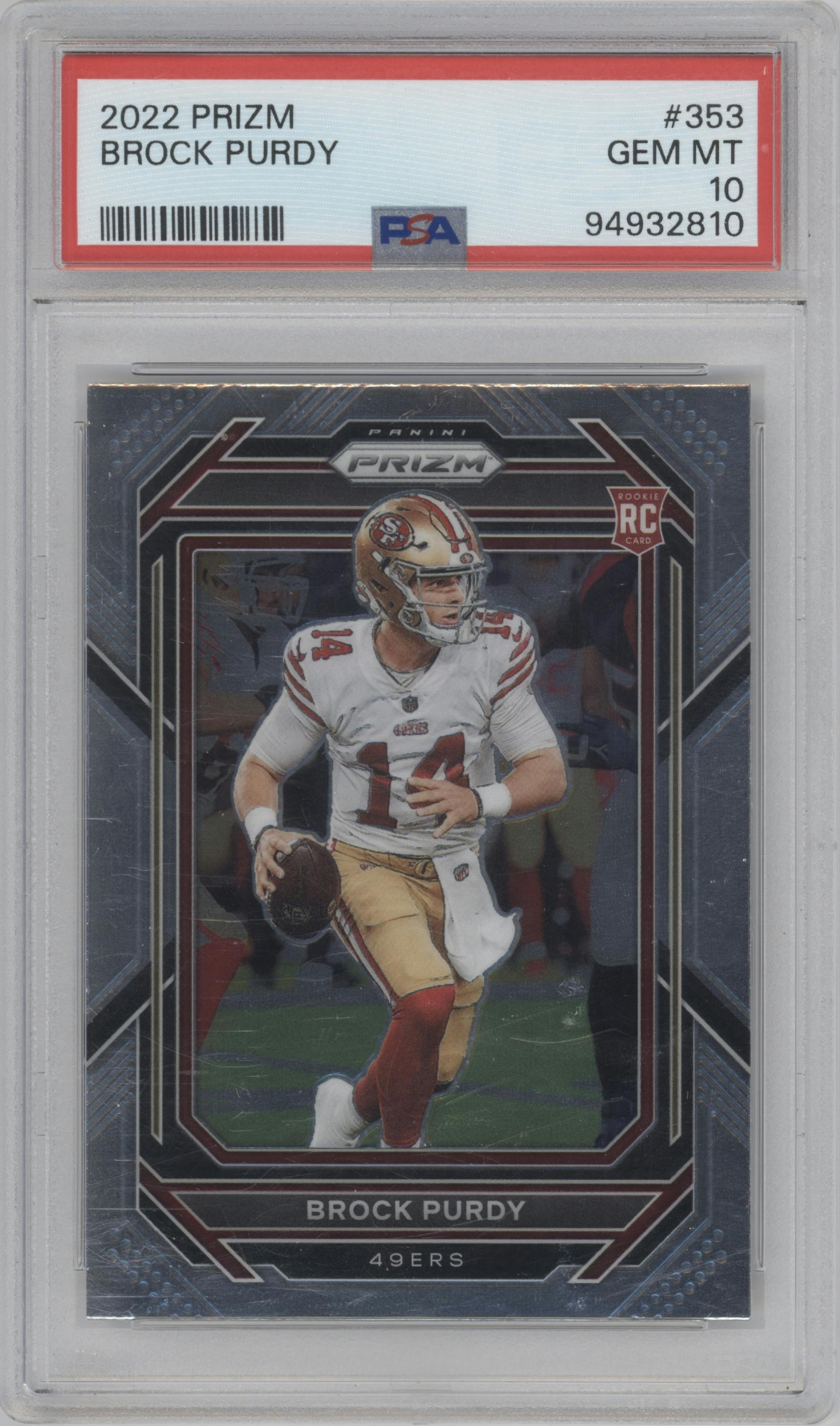 Brock Purdy from the 2022 Panini Prizm set graded by PSA and given an overall grade of 10.