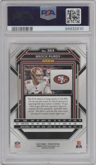 Brock Purdy from the 2022 Panini Prizm set graded by PSA and given an overall grade of 10.