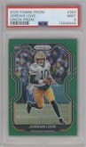 Jordan Love from the 2020 Panini Prizm set featuring a Green Prizm parallel graded by PSA and given an overall grade of 9.