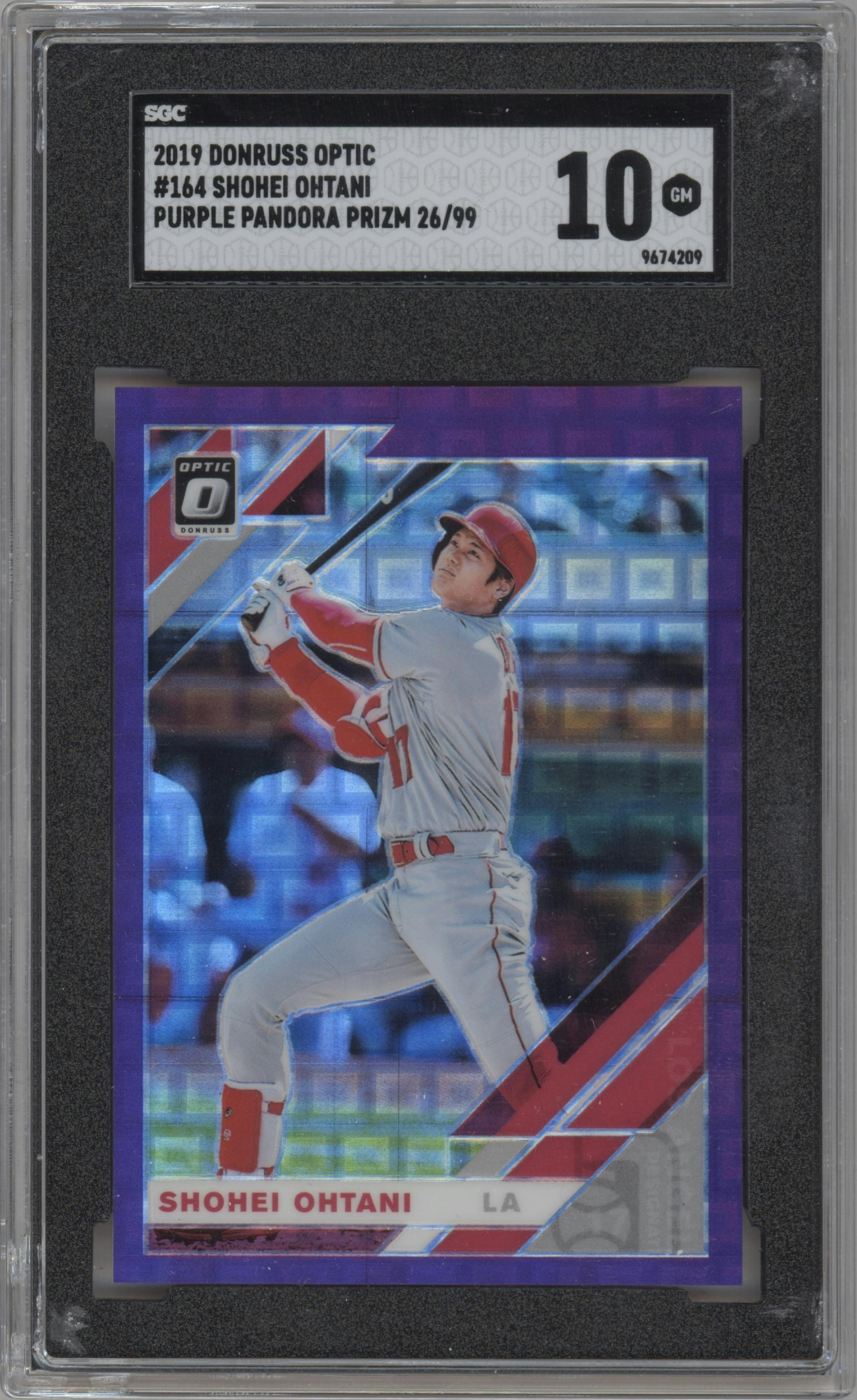 Shohei Ohtani from the 2019 Panini Donruss Optic set featuring a Purple Pandora parallel graded by SGC and given an overall grade of 10.