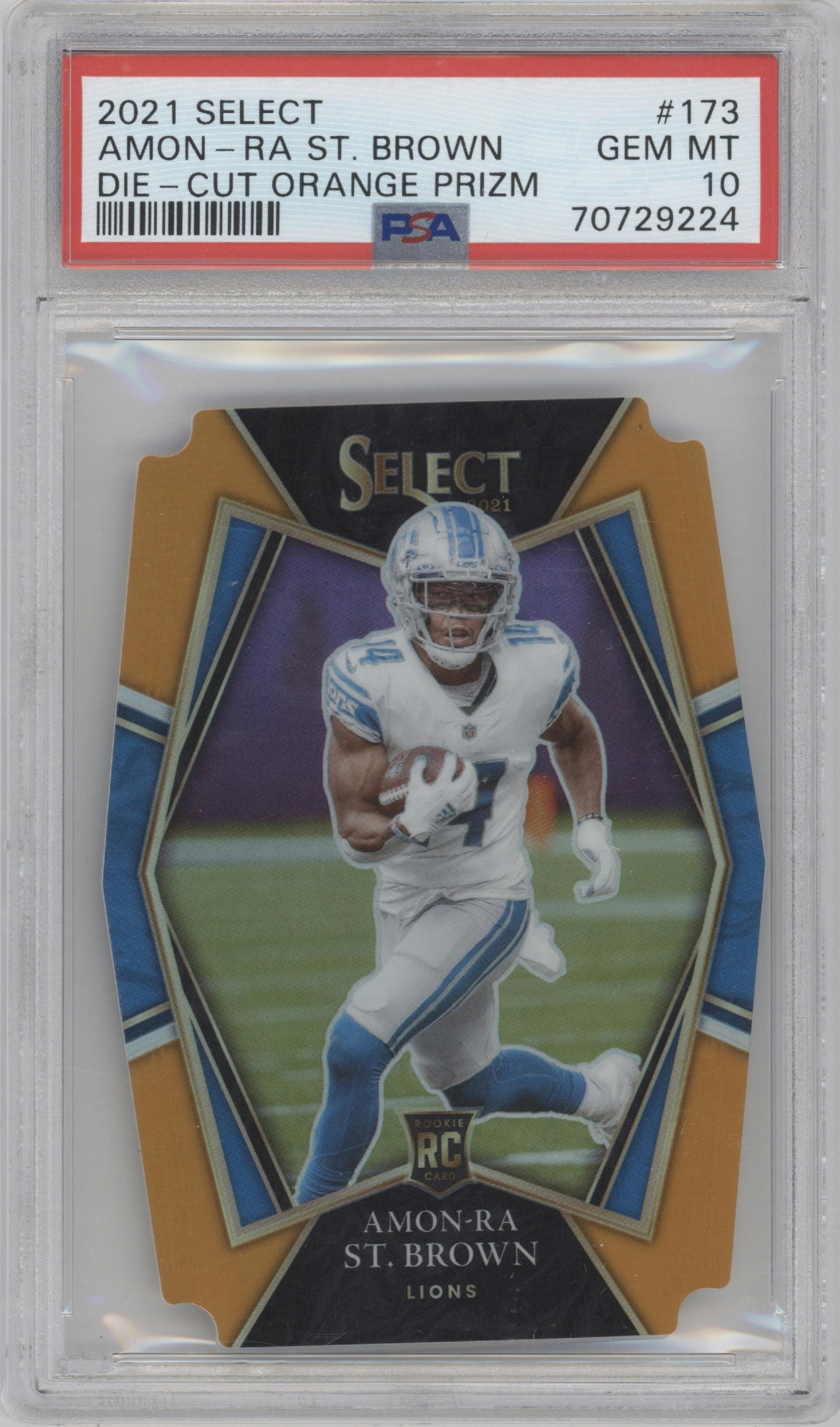 Amon-Ra St. Brown from the 2021 Panini Select set featuring a Die-Cut Orange Prizm parallel graded by PSA and given an overall grade of 10.
