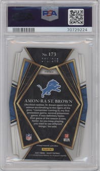 Amon-Ra St. Brown from the 2021 Panini Select set featuring a Die-Cut Orange Prizm parallel graded by PSA and given an overall grade of 10.