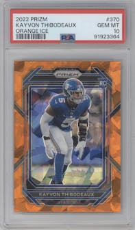 Kayvon Thibodeaux from the 2022 Panini Prizm set featuring a Orange Ice parallel graded by PSA and given an overall grade of 10.
