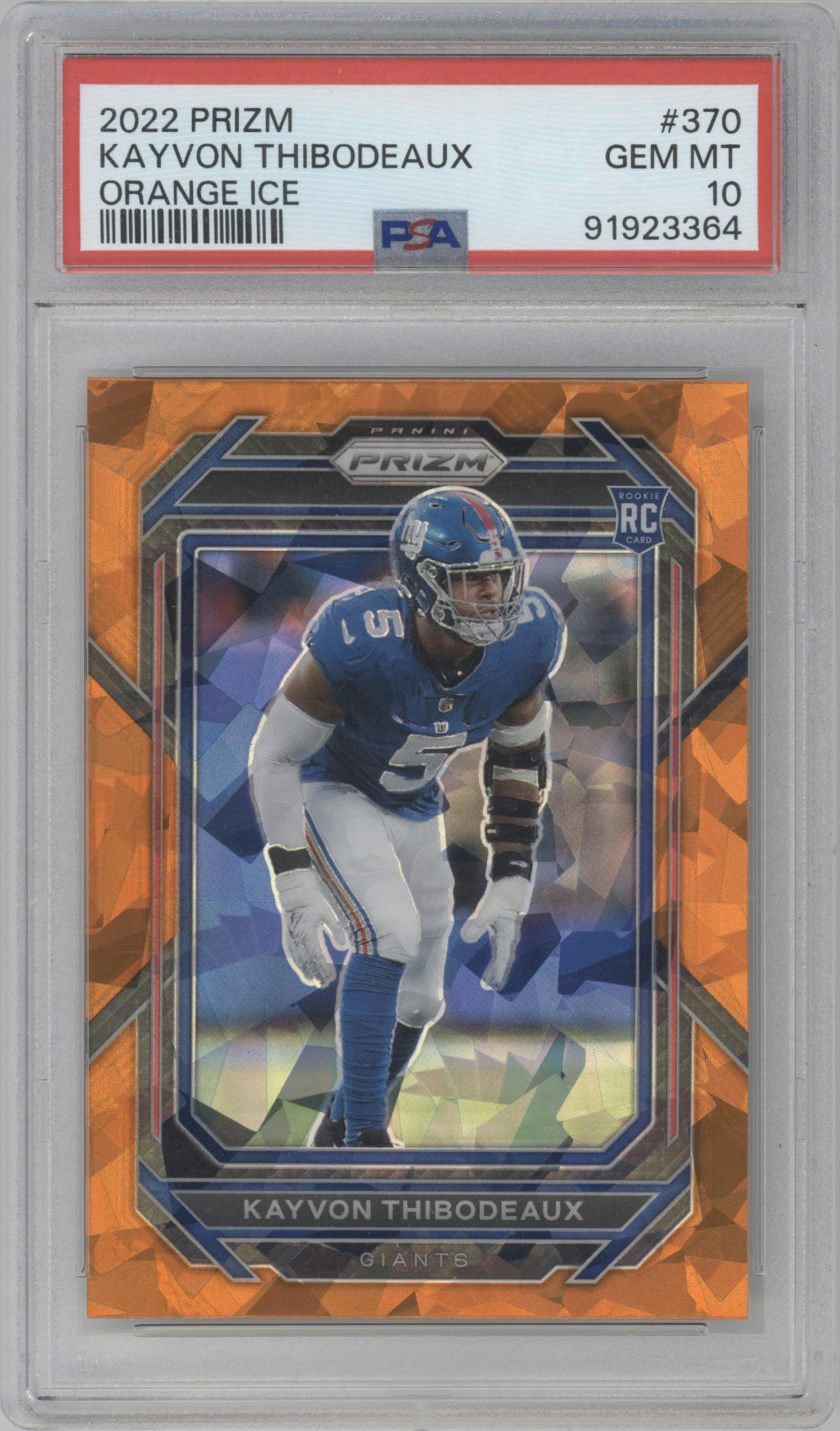 Kayvon Thibodeaux from the 2022 Panini Prizm set featuring a Orange Ice parallel graded by PSA and given an overall grade of 10.