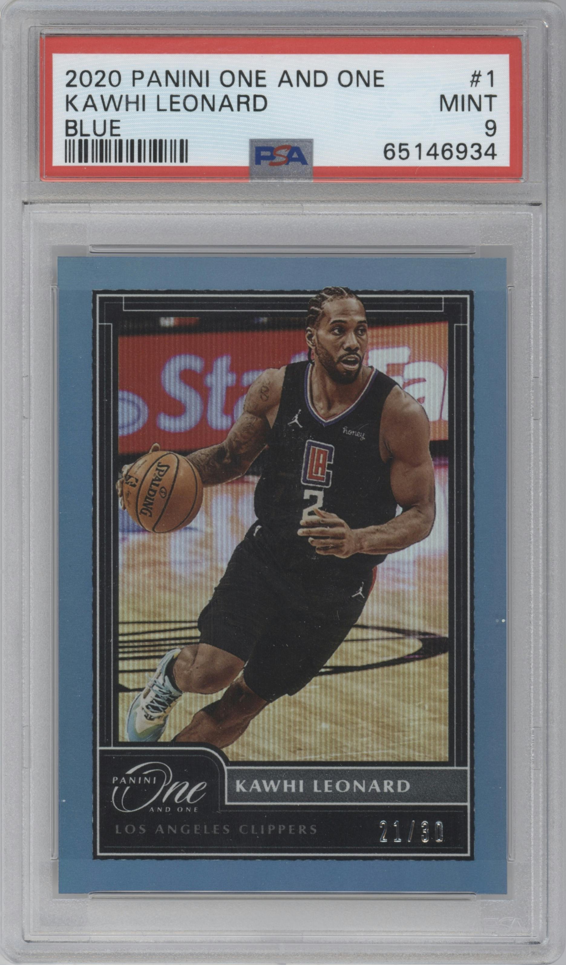 Kawhi Leonard from the 2020-21 Panini One and One set featuring a Blue parallel graded by PSA and given an overall grade of 9.