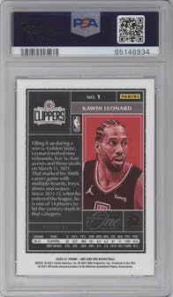 Kawhi Leonard from the 2020-21 Panini One and One set featuring a Blue parallel graded by PSA and given an overall grade of 9.
