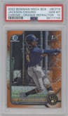 Jackson Chourio from the 2022 Bowman Mega Box set featuring a Orange Refractor  parallel graded by PSA and given an overall grade of 10.