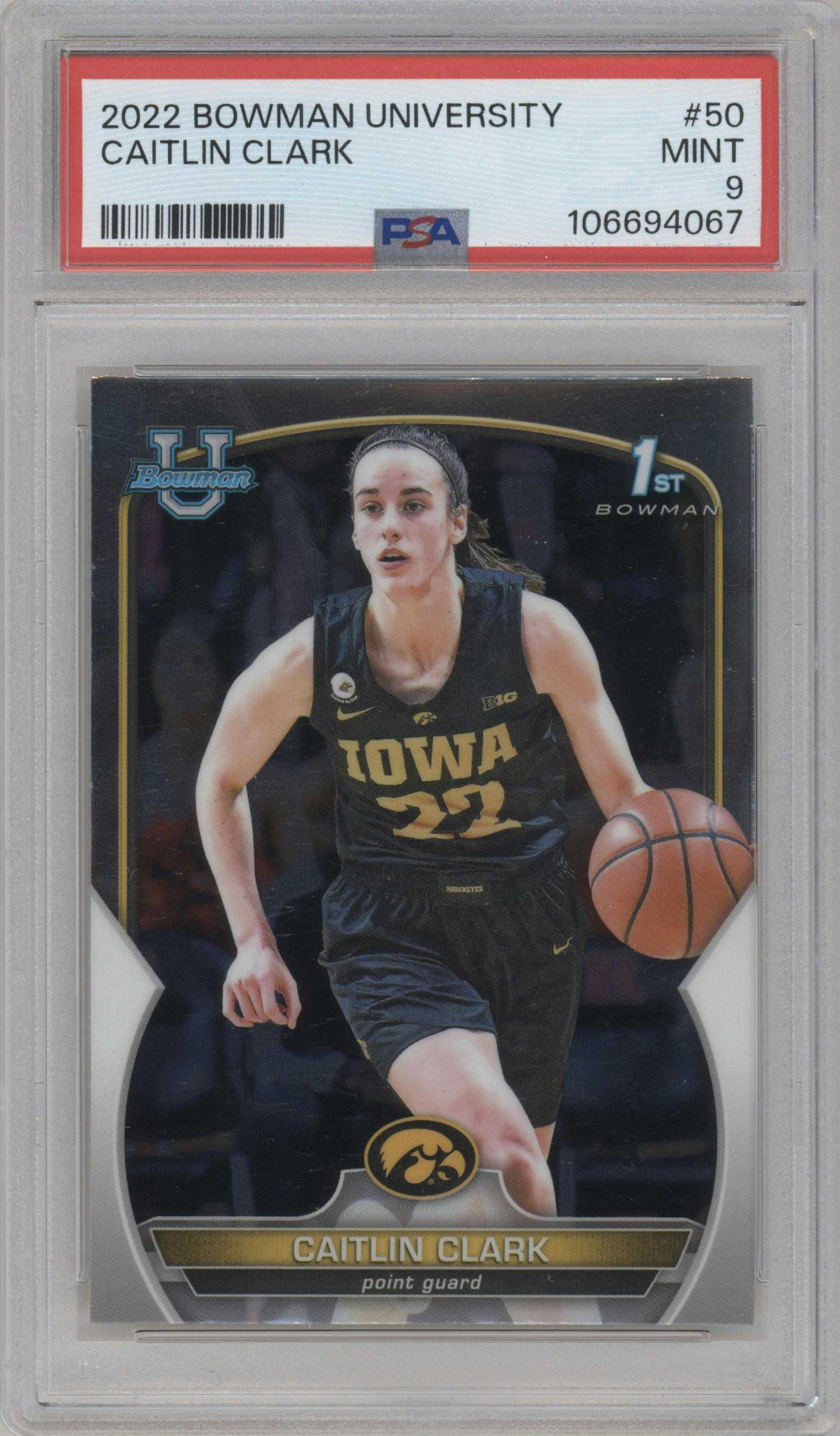 Caitlin Clark from the 2022-23 Bowman University Chrome set graded by PSA and given an overall grade of 9.