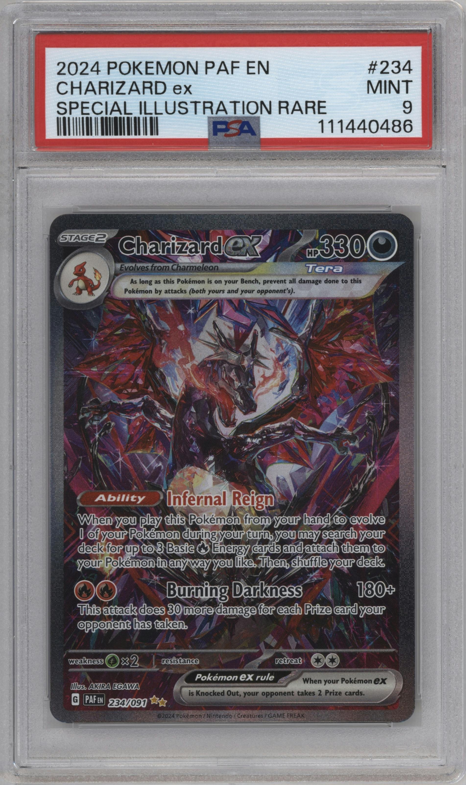 Charizard ex from the 2024 Pokemon SV set graded by PSA and given an overall grade of 9.