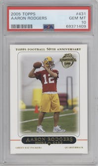 Aaron Rodgers from the 2005 Topps set graded by PSA and given an overall grade of 10.