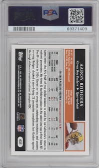 Aaron Rodgers from the 2005 Topps set graded by PSA and given an overall grade of 10.