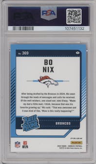 Bo Nix from the 2024 Donruss set featuring a Pink parallel graded by PSA and given an overall grade of 9.