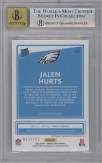 Jalen Hurts from the 2020 Panini Donruss Optic set graded by Beckett and given an overall grade of 9.