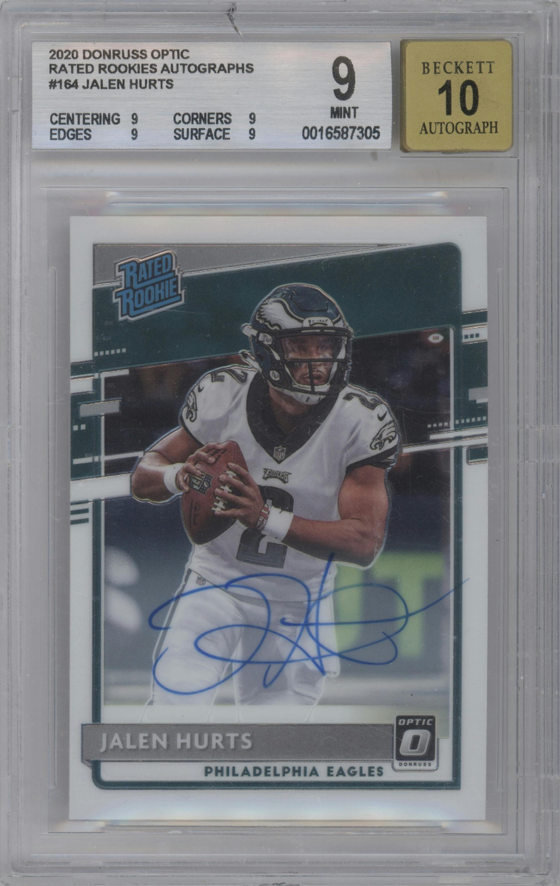 Jalen Hurts from the 2020 Panini Donruss Optic set graded by Beckett and given an overall grade of 9.