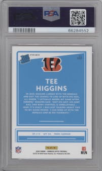 Tee Higgins from the 2020 Panini Donruss Optic set featuring a Pink parallel graded by PSA and given an overall grade of 10.