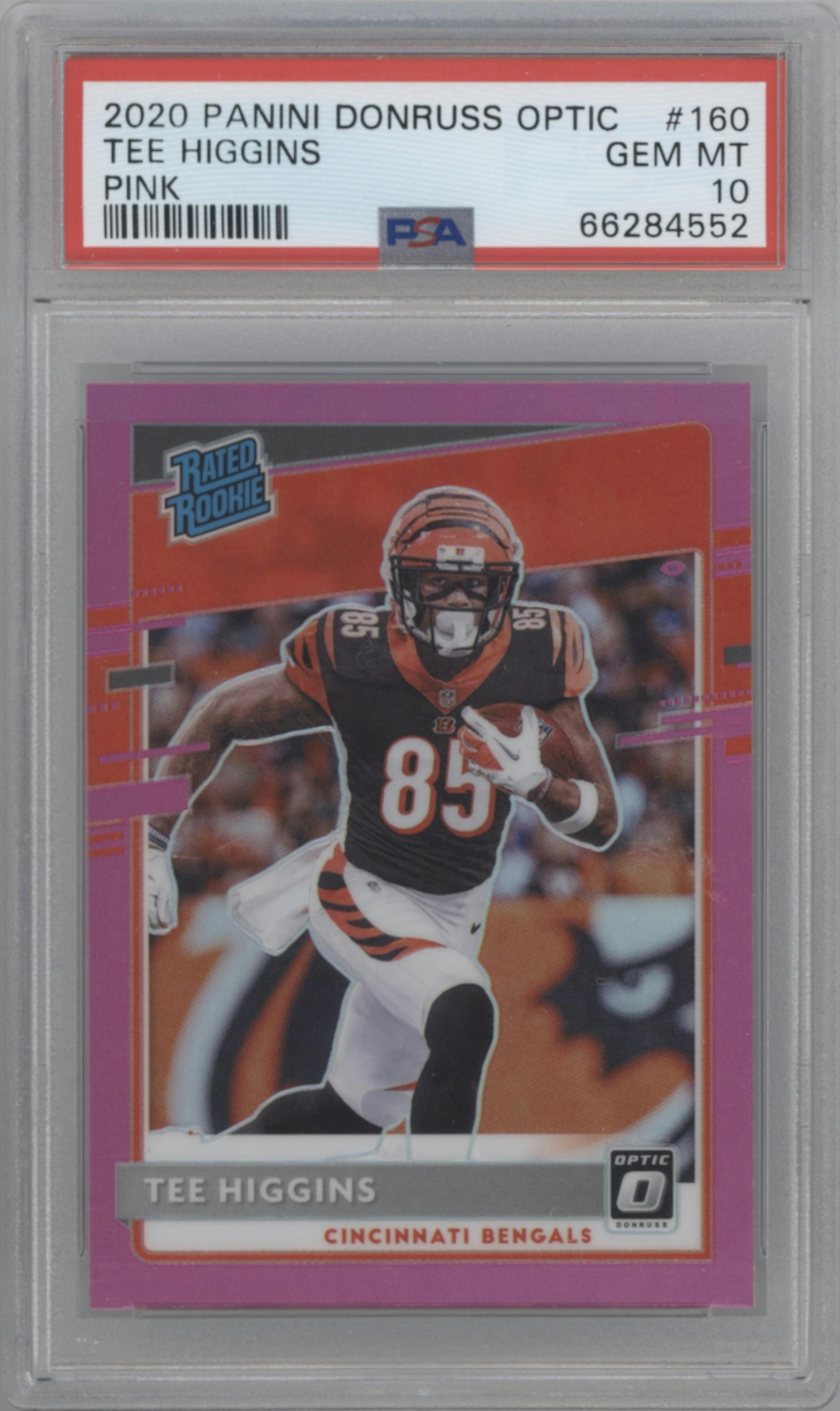 Tee Higgins from the 2020 Panini Donruss Optic set featuring a Pink parallel graded by PSA and given an overall grade of 10.