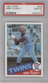 Kirby Puckett from the 1985 Topps set graded by PSA and given an overall grade of 10.