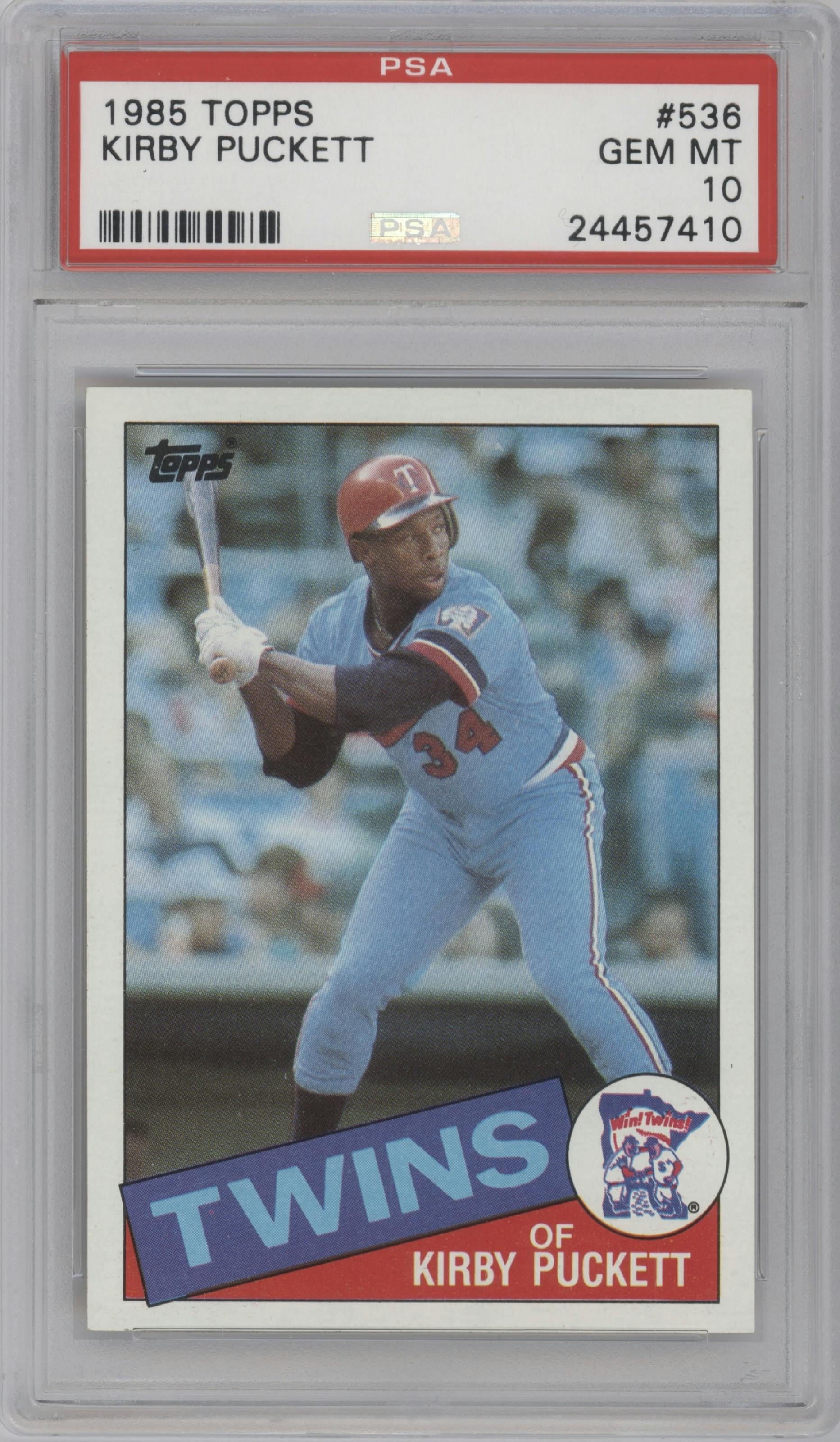 Kirby Puckett from the 1985 Topps set graded by PSA and given an overall grade of 10.