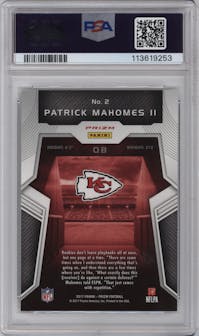 Patrick Mahomes II from the 2017 Panini Prizm set graded by PSA and given an overall grade of 10.