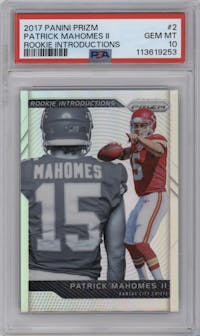 Patrick Mahomes II from the 2017 Panini Prizm set graded by PSA and given an overall grade of 10.